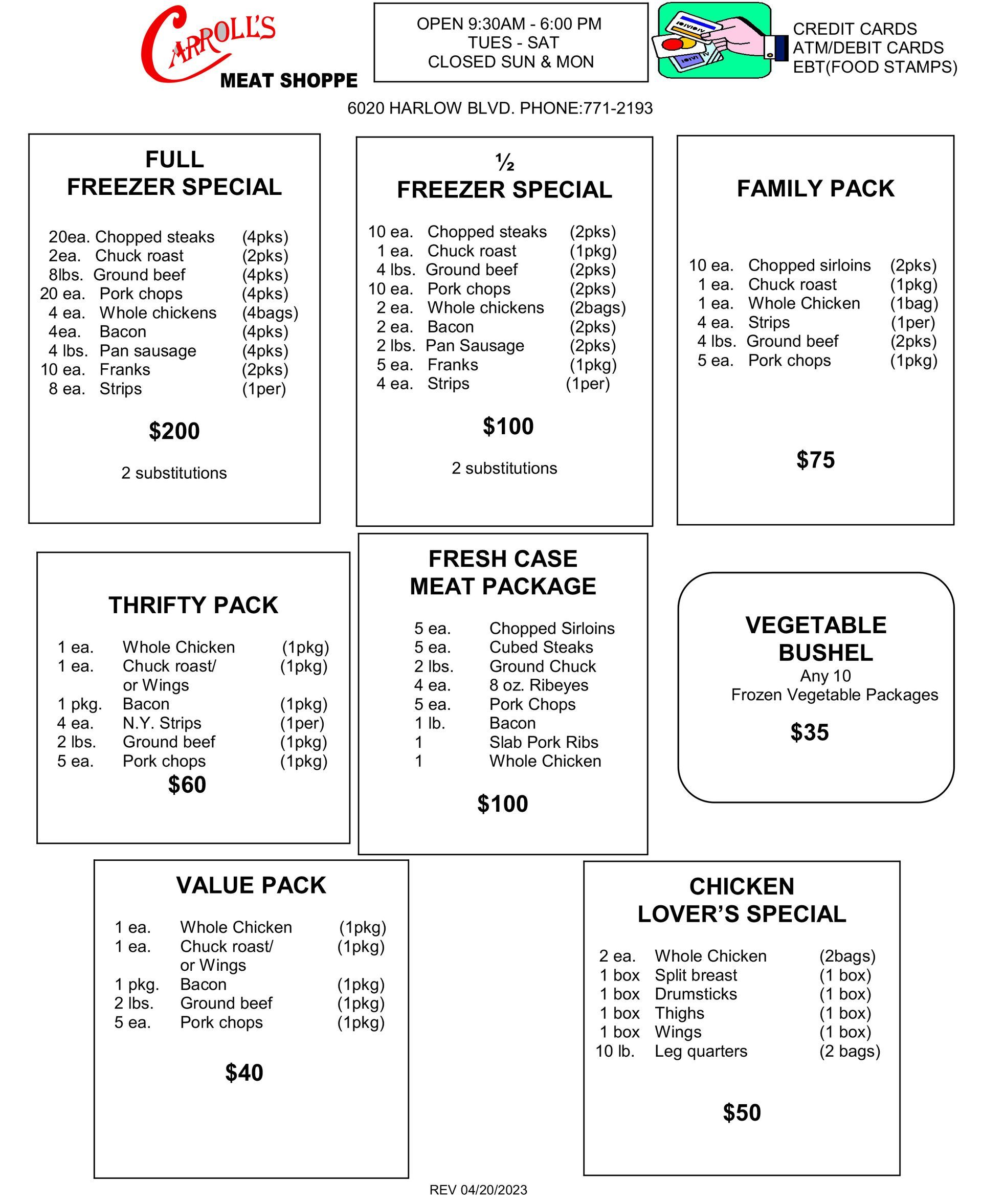 Flyer with boxed specials and grocery prices for meat, produce, family packs, and freezer items.