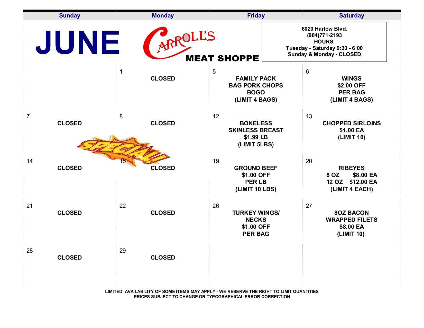 April specials flyer for Caroll's Meat Shop, with prices, meat cuts, and an American flag graphic