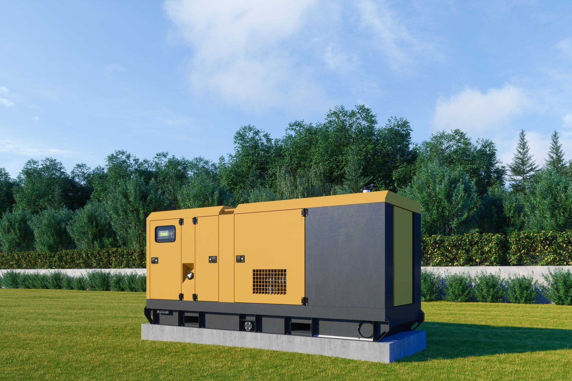 A yellow and black generator is sitting in the middle of a grassy field.