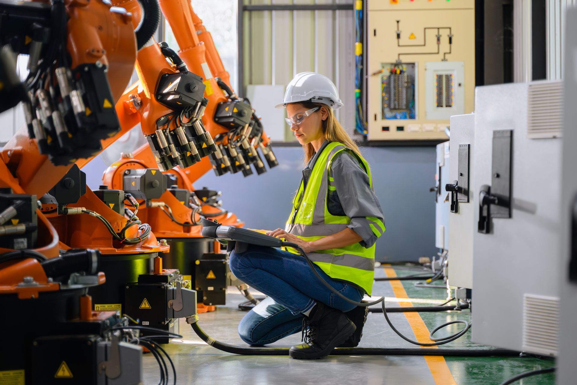 A woman is working on a robotic arm in a factory.