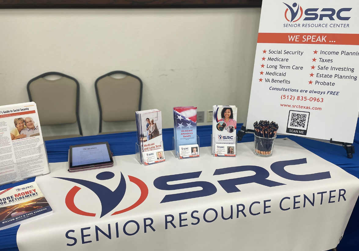 A table with a sign that says senior resource center