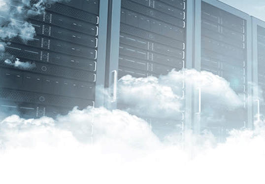 A server room with clouds coming out of it.