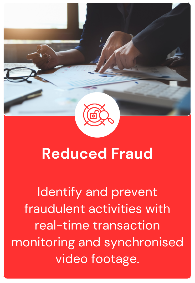 A red sign that says reduced fraud identifies and prevent fraudulent activities with real-time transaction monitoring and synchronised video footage