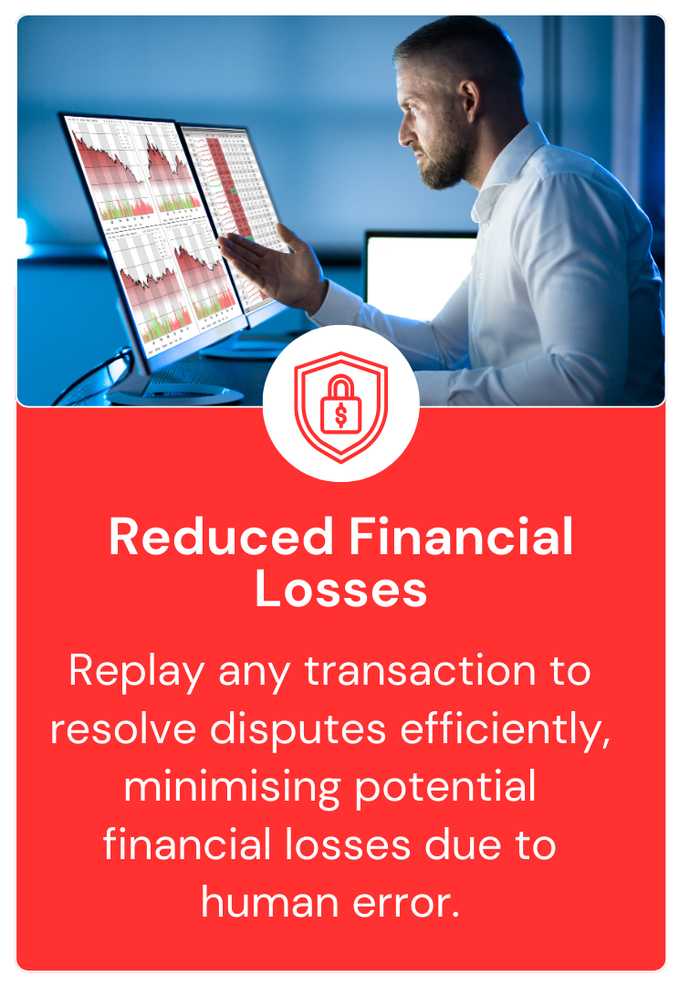 A man is sitting in front of a computer with the words reduced financial losses below him