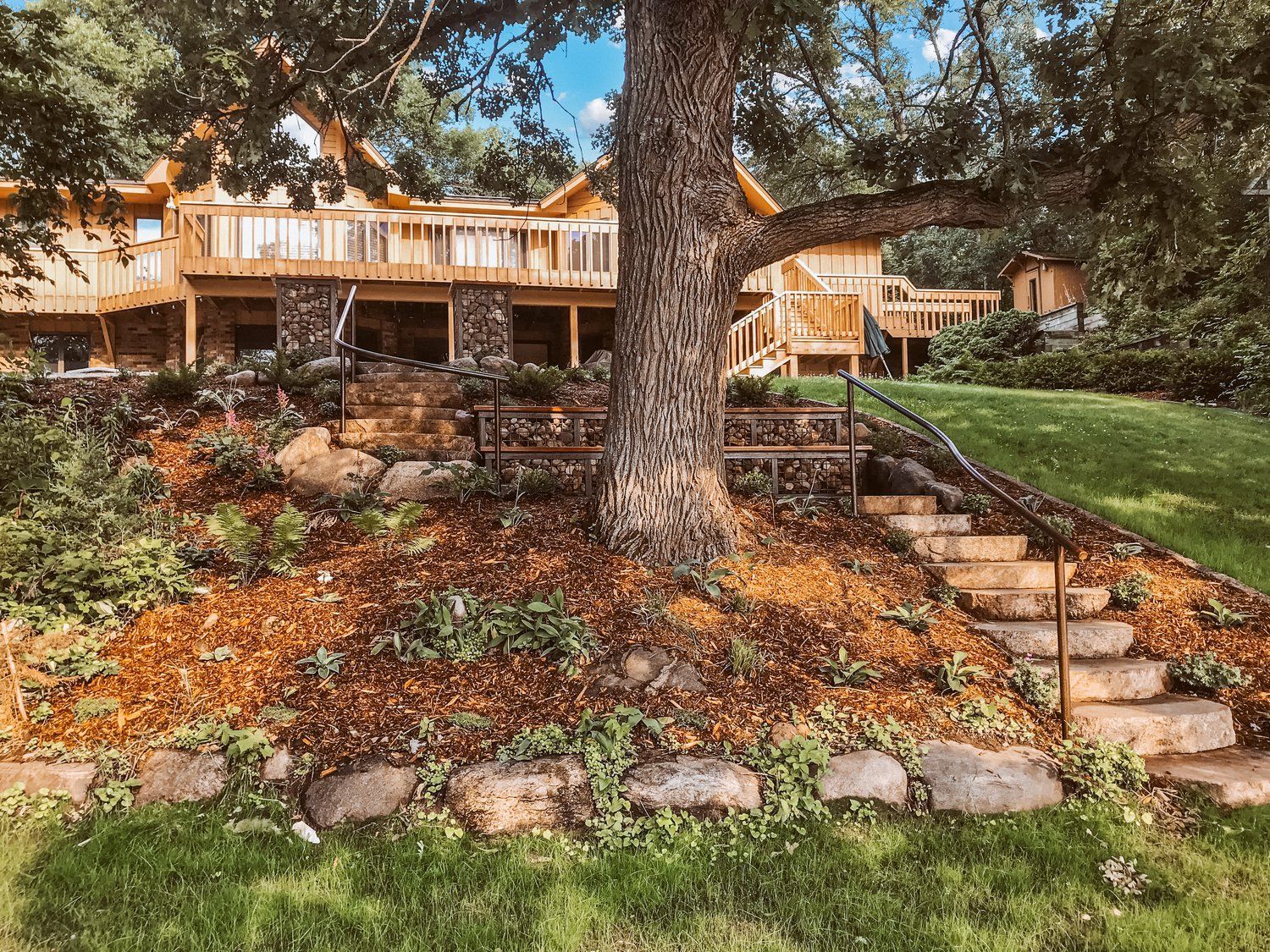A house with a large tree in front of it and stairs leading up to it.