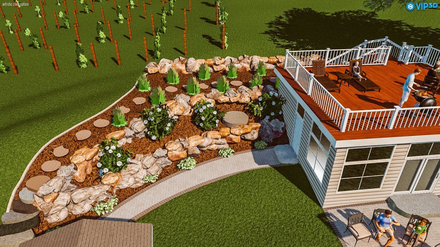 An aerial view of a house with a patio and a deck.