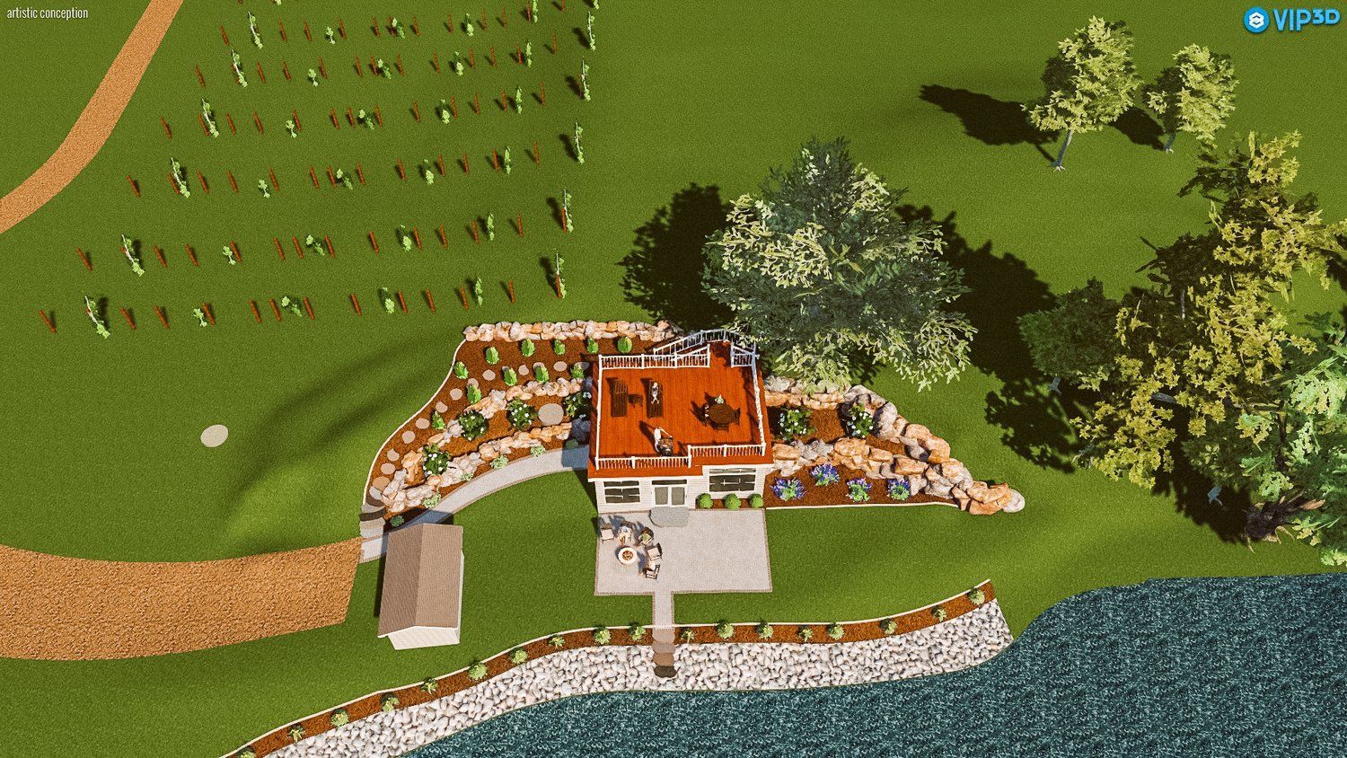 An aerial view of a park with a lake in the background