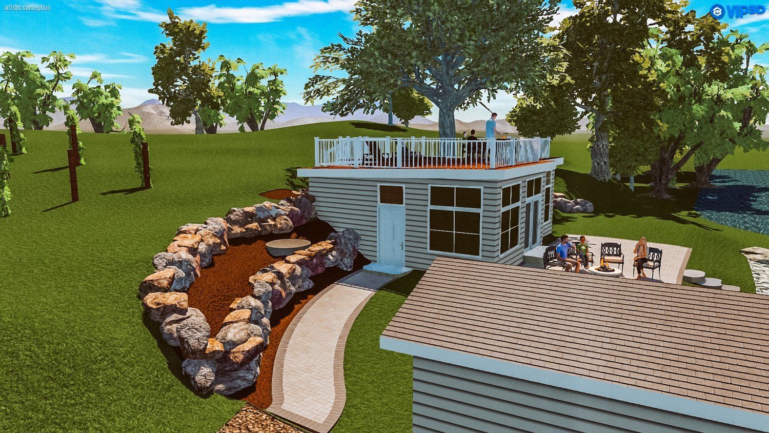 A computer generated image of a house in a field