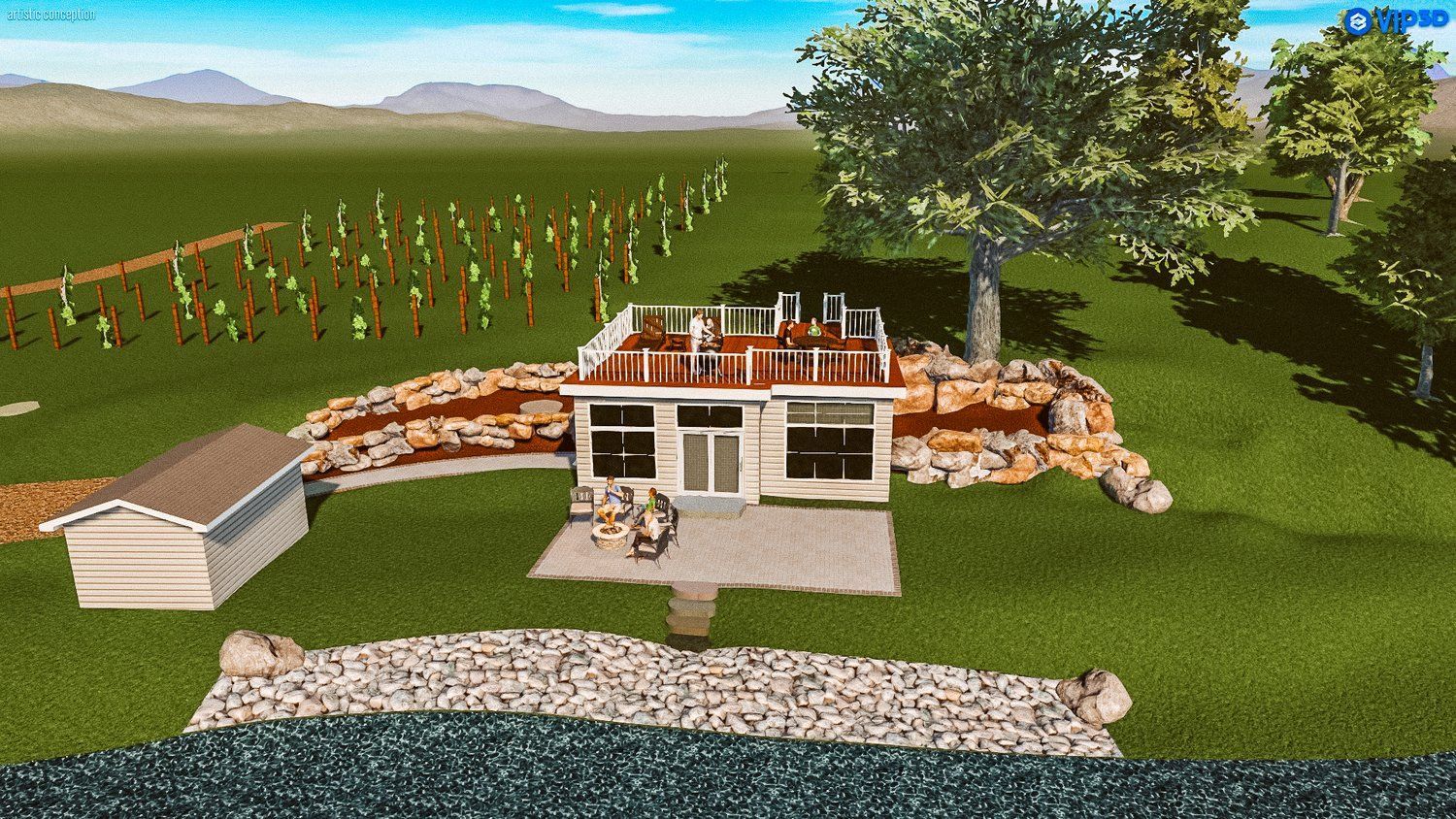 A computer generated image of a house in a field
