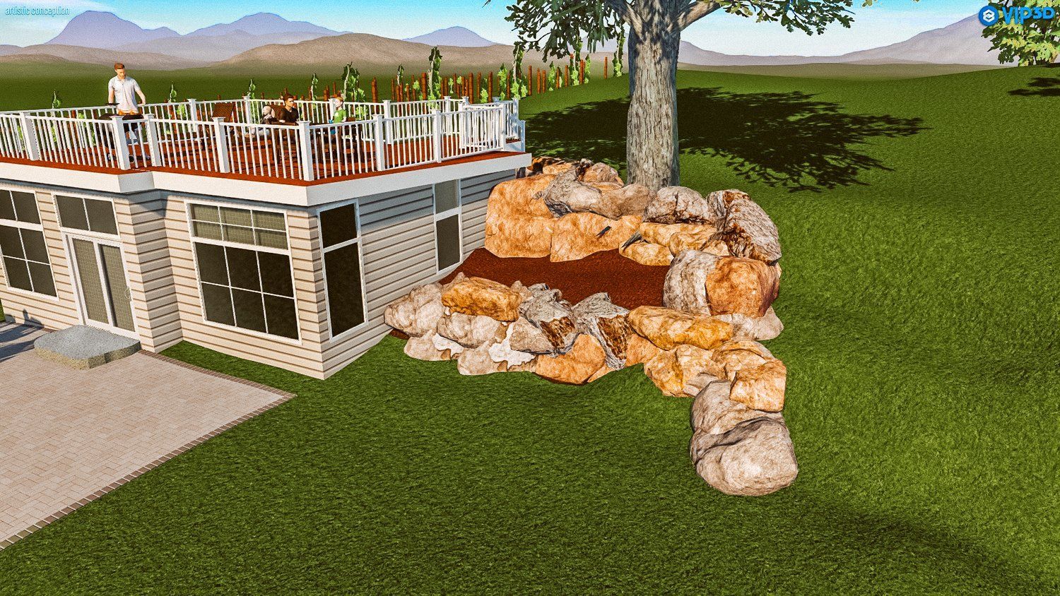 A computer generated image of a house with a waterfall in front of it.