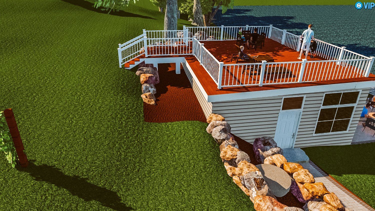 A computer generated image of a house with a large deck.