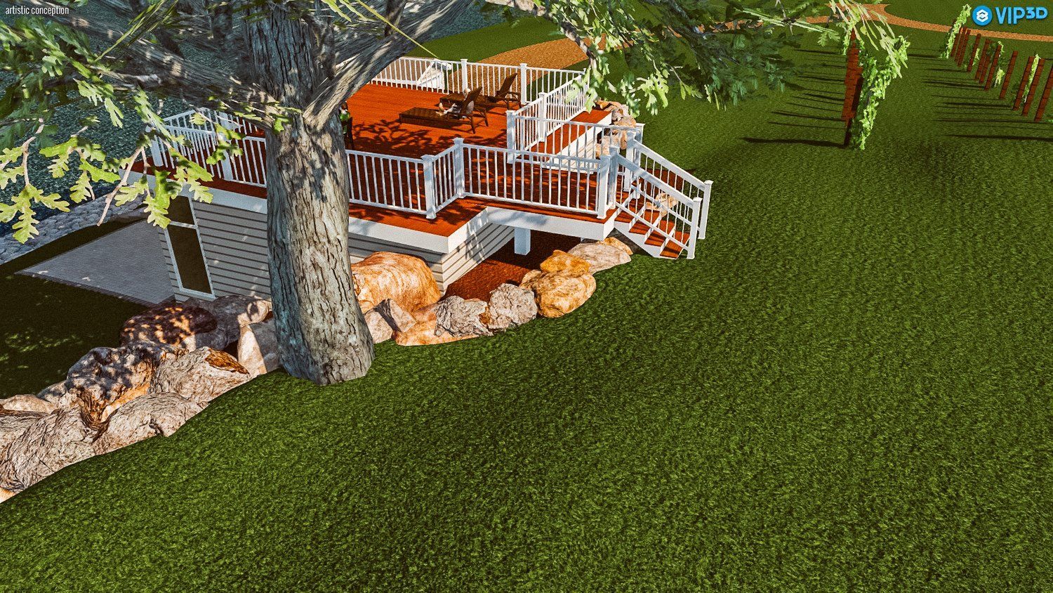 A house with a deck and stairs is sitting on top of a lush green hillside.