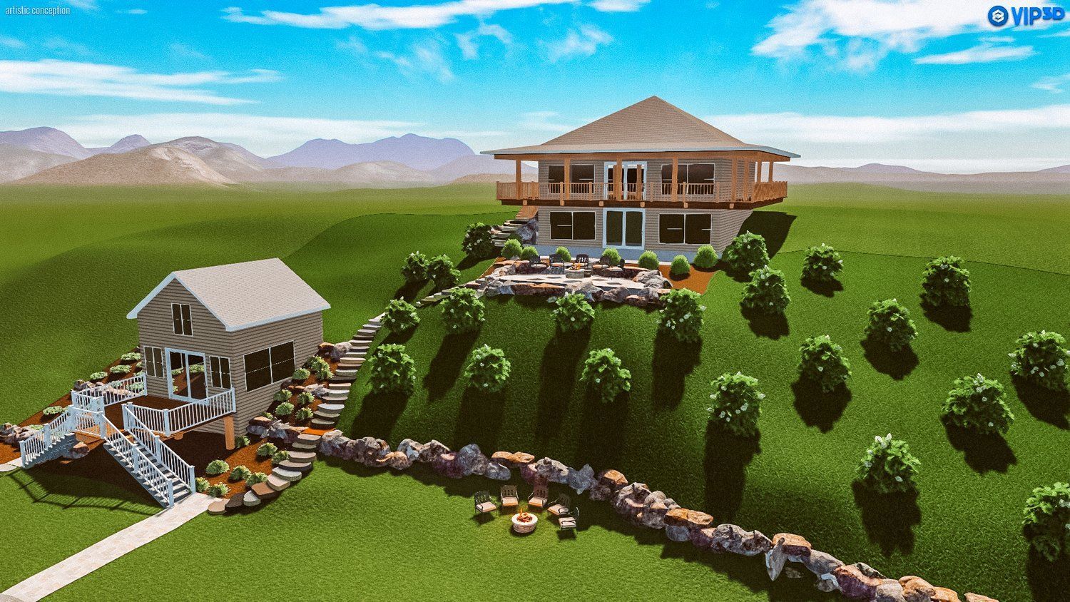 A house is sitting on top of a grassy hill surrounded by trees.