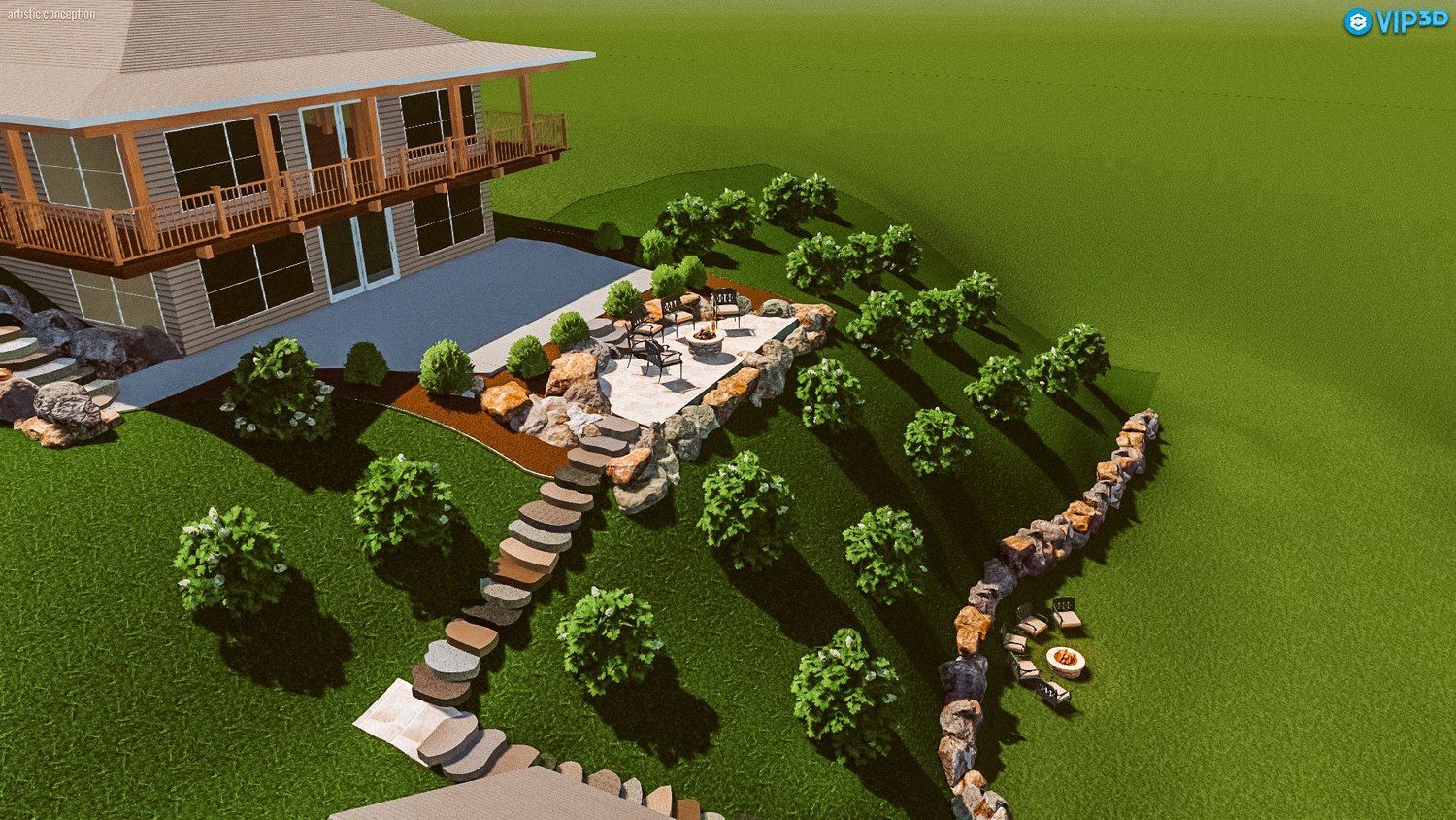 An aerial view of a house surrounded by trees and grass.