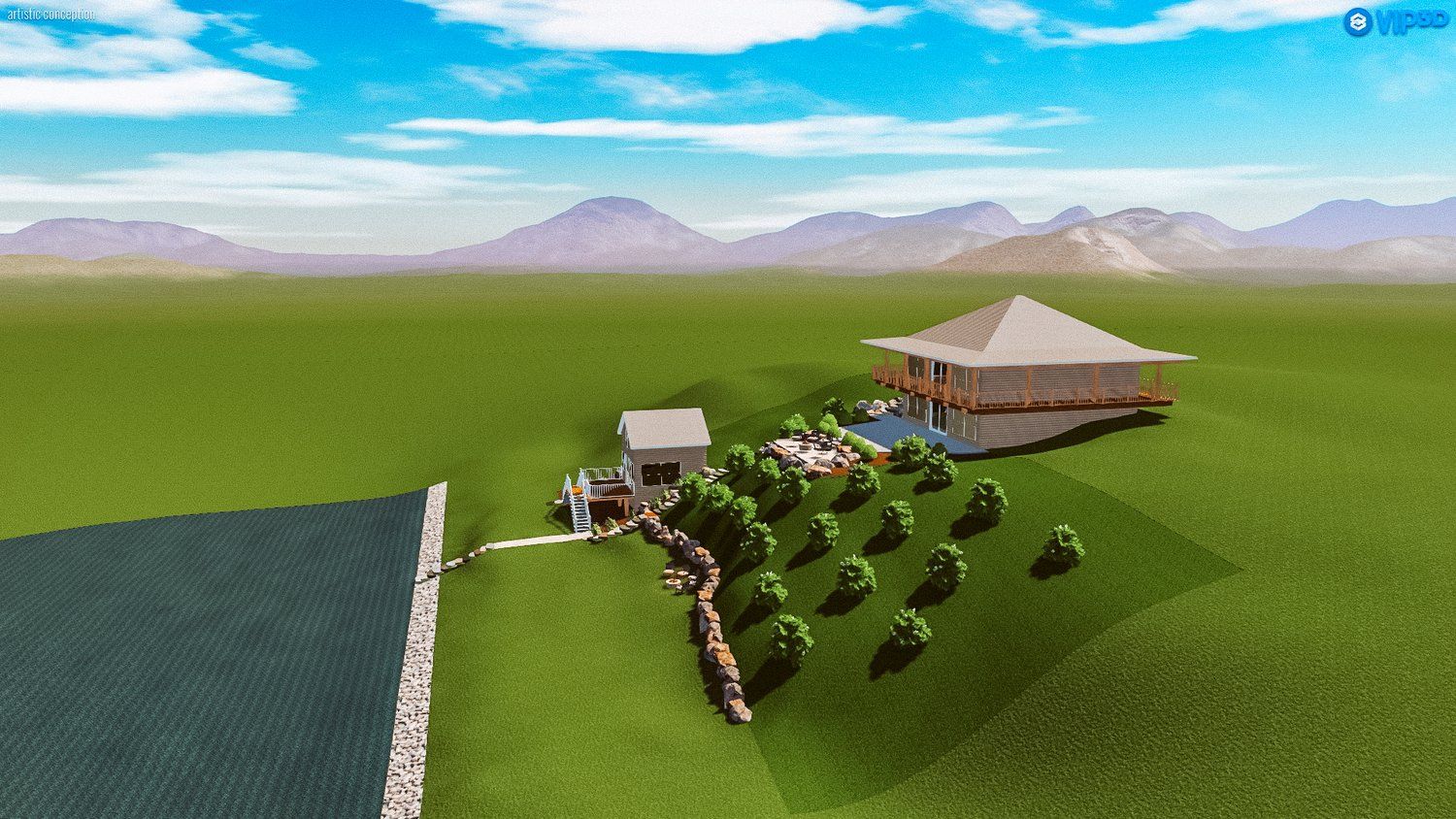 An aerial view of a house and a lake with mountains in the background.