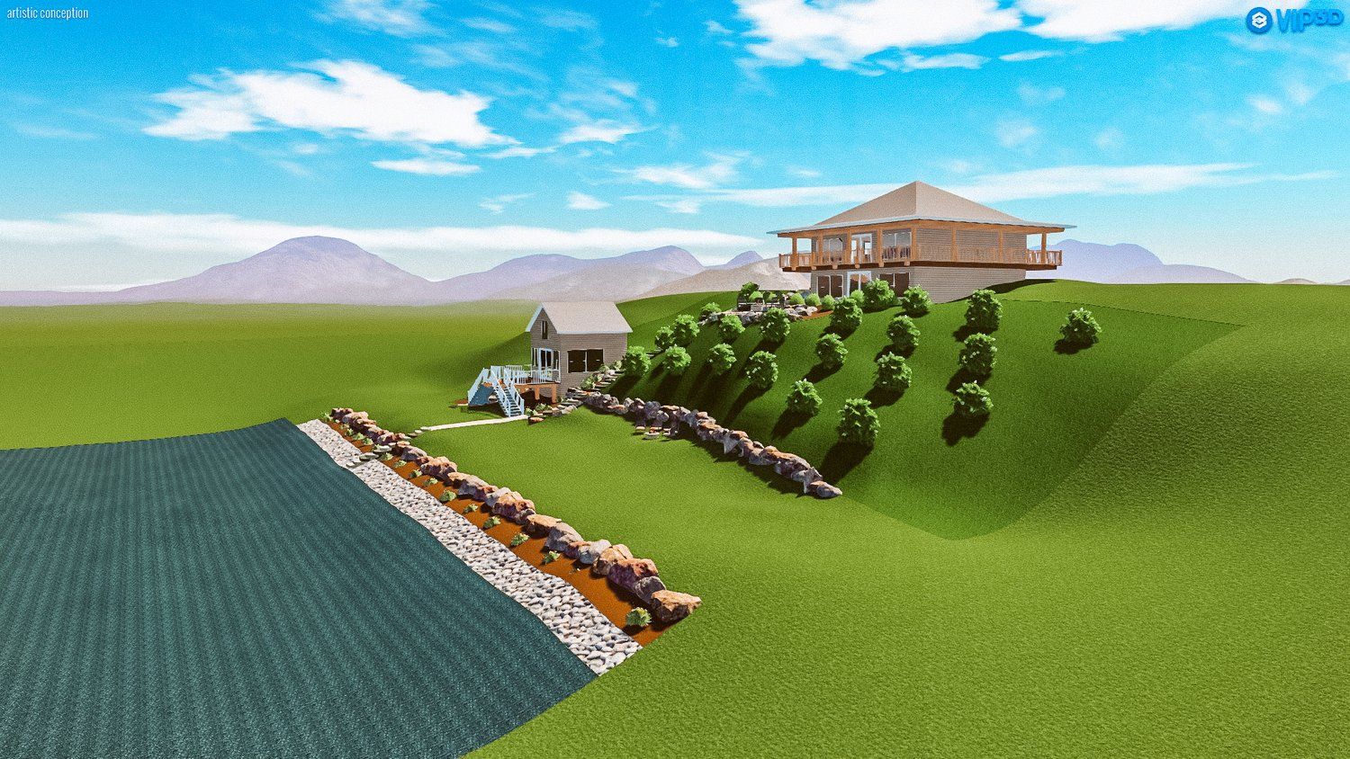 A house is sitting on top of a hill next to a body of water.