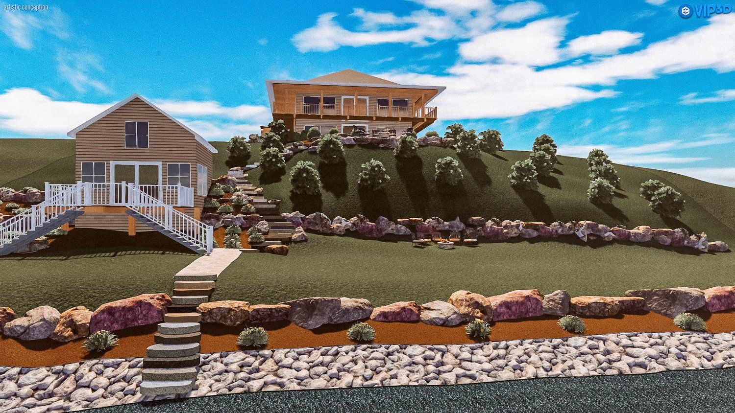 A computer generated image of a house on a hill