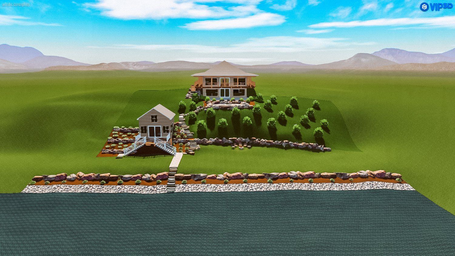 A house is sitting on top of a hill next to a body of water.