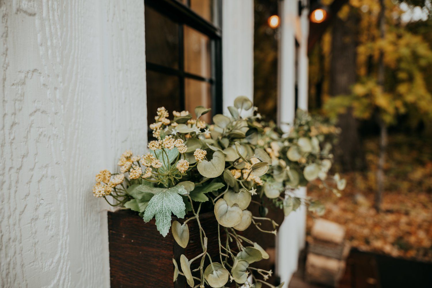 A planter with flowers and leaves hanging from a window on the side of a building.