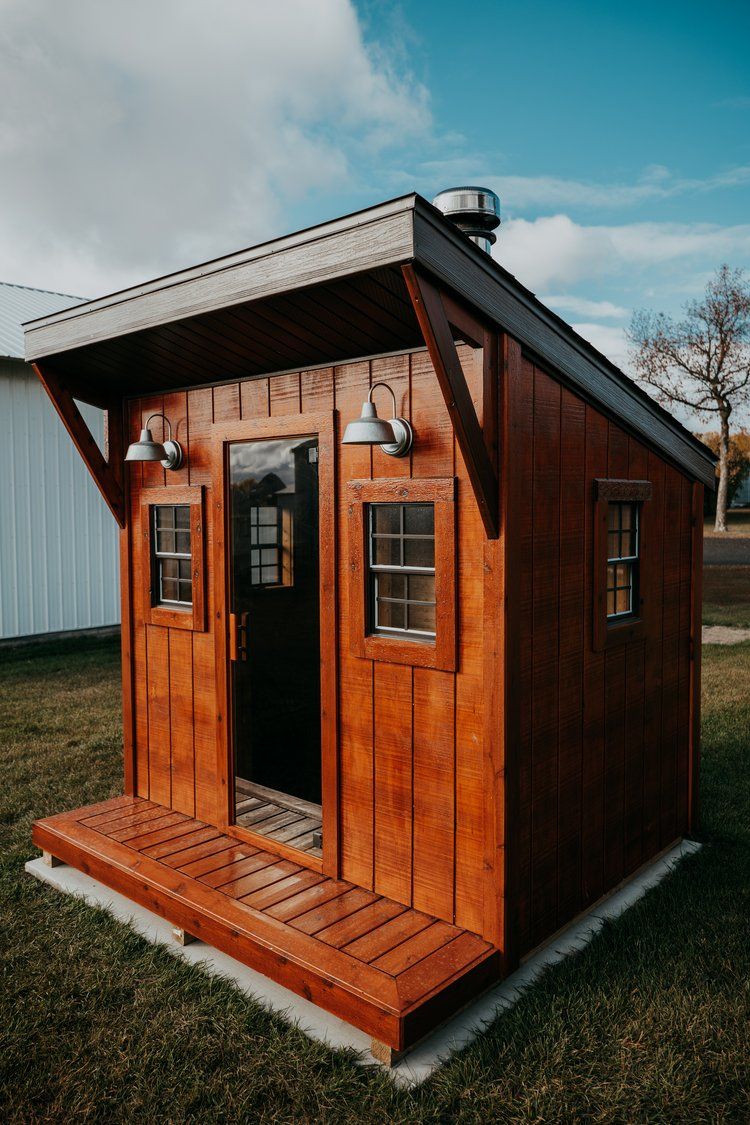 A small wooden shed is sitting on top of a lush green field.