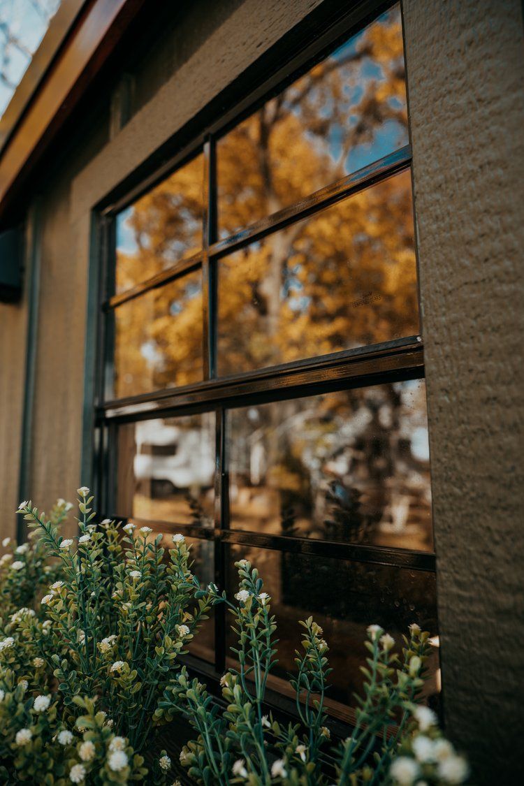 A close up of a window with flowers in front of it.