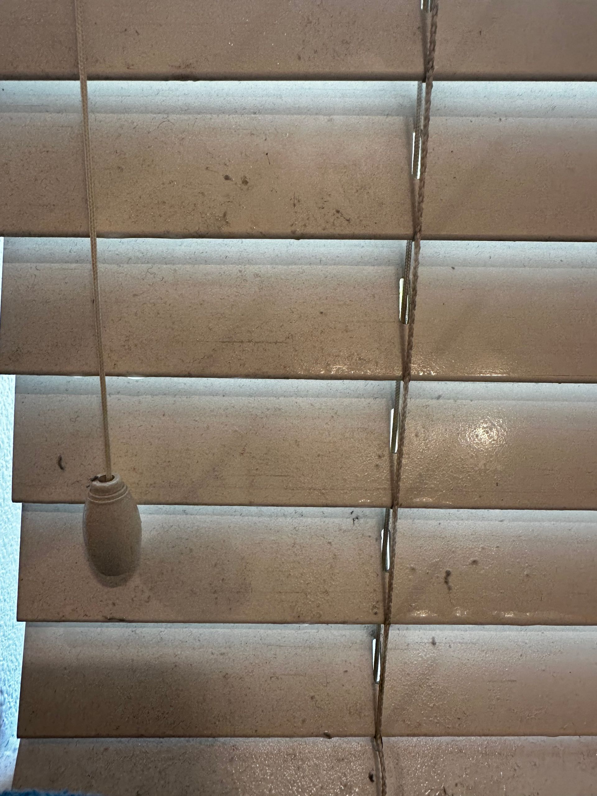 A close up of a dirty blind with a cord hanging from it.
