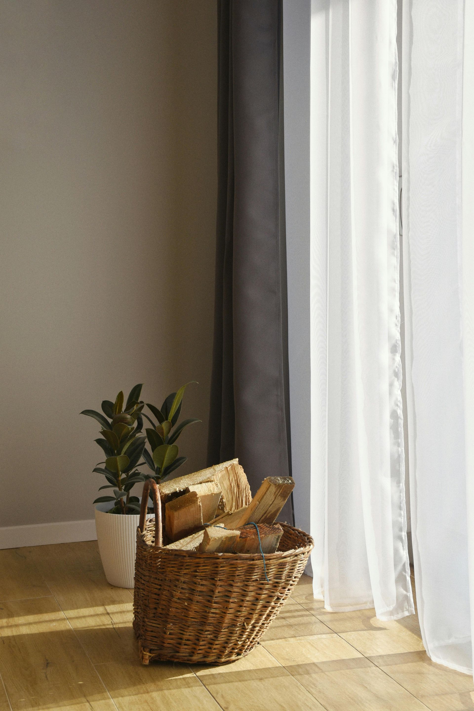 Wicker basket with bread by a bright window, beside a potted plant on a wooden floor