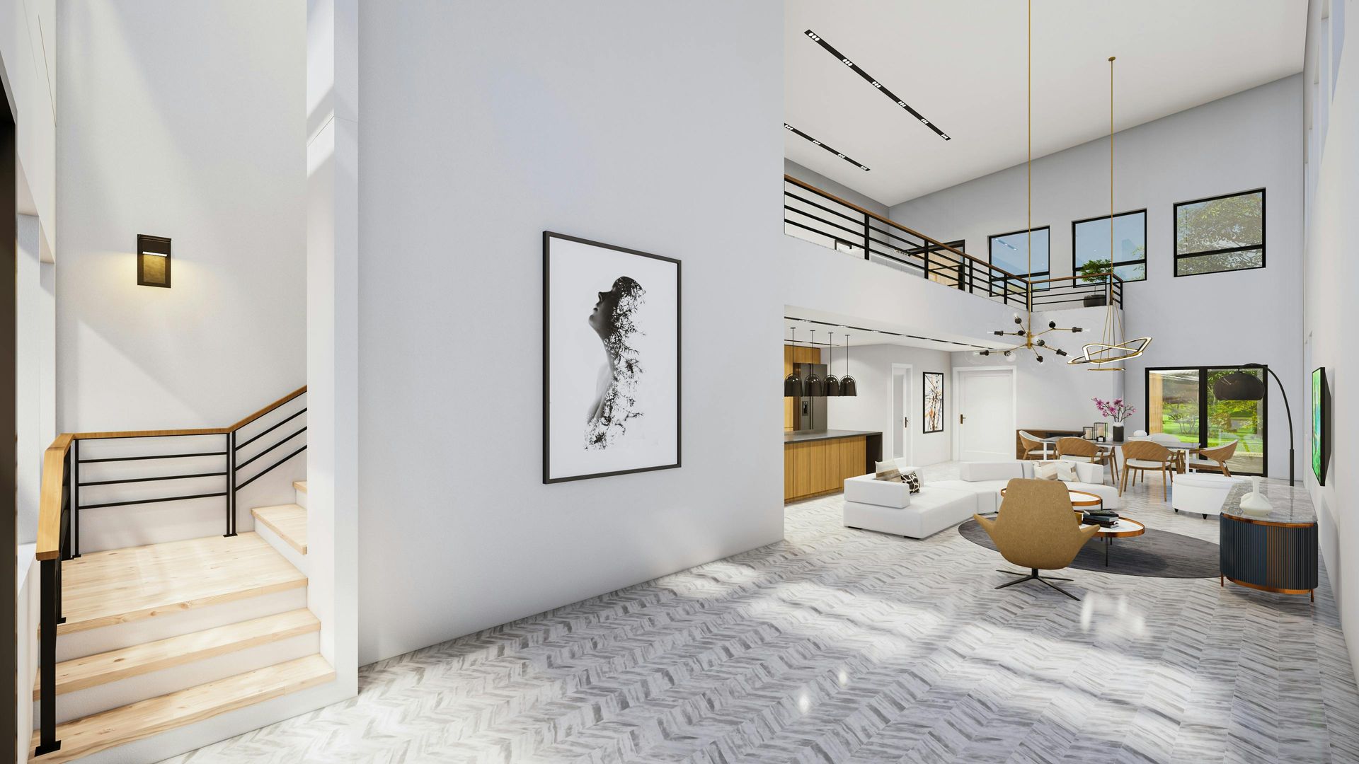Bright modern living room with stairs, white walls, wood accents, and large windows overlooking a cozy seating area.