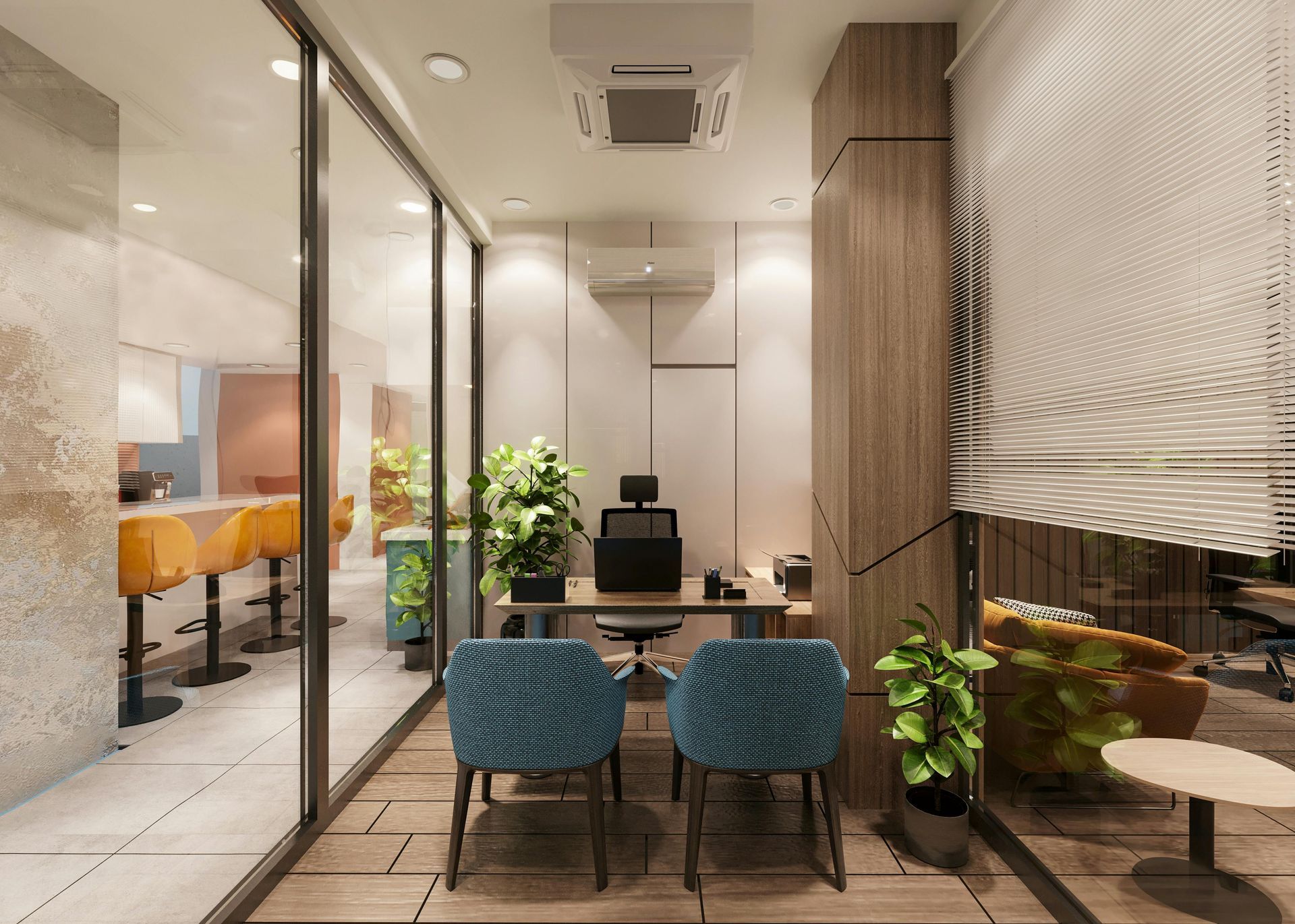 Modern office meeting room with glass walls, blue chairs, wooden table, plants, and abstract wall art.