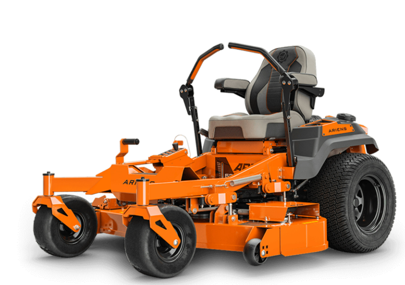 Une tondeuse à gazon orange est posée sur une surface blanche.