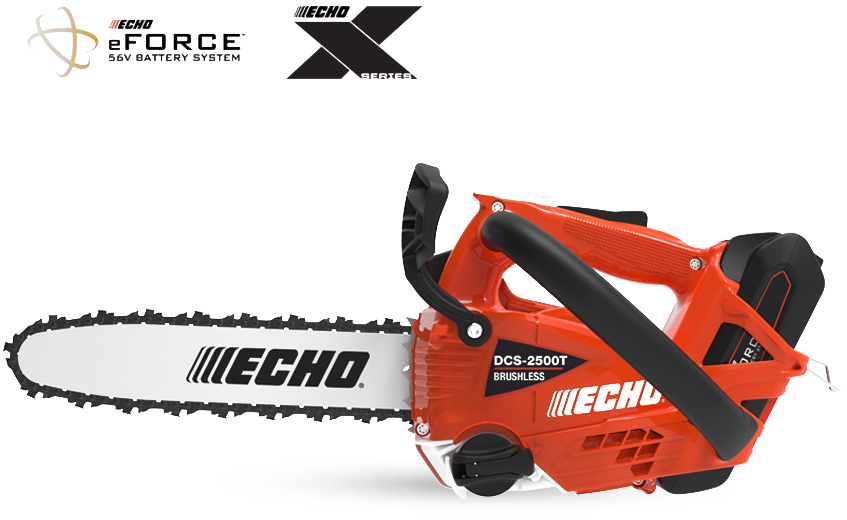 Une tronçonneuse echo rouge sur fond blanc