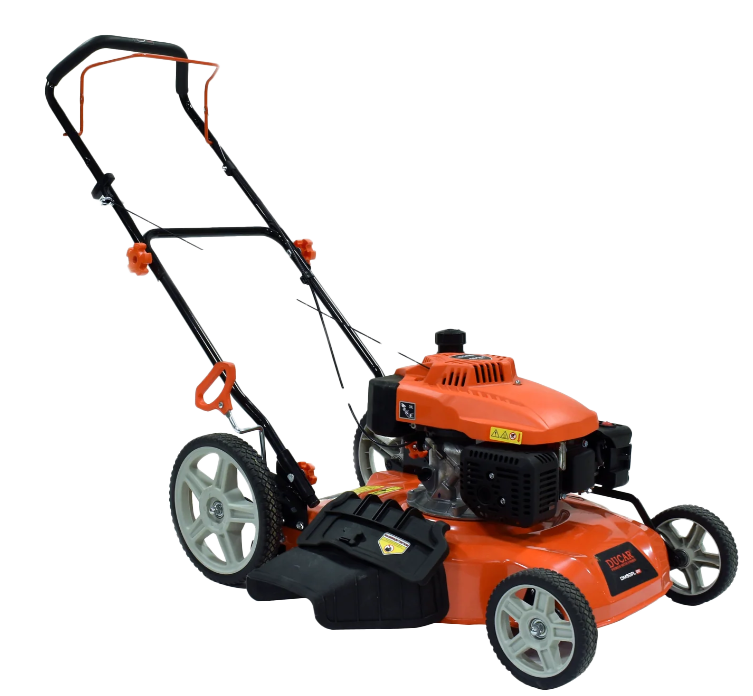 Une tondeuse à gazon orange avec un manche noir sur fond blanc