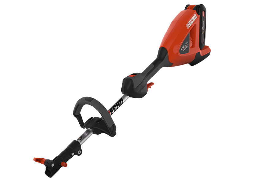 Une tondeuse à gazon rouge et noire est posée sur une surface blanche.