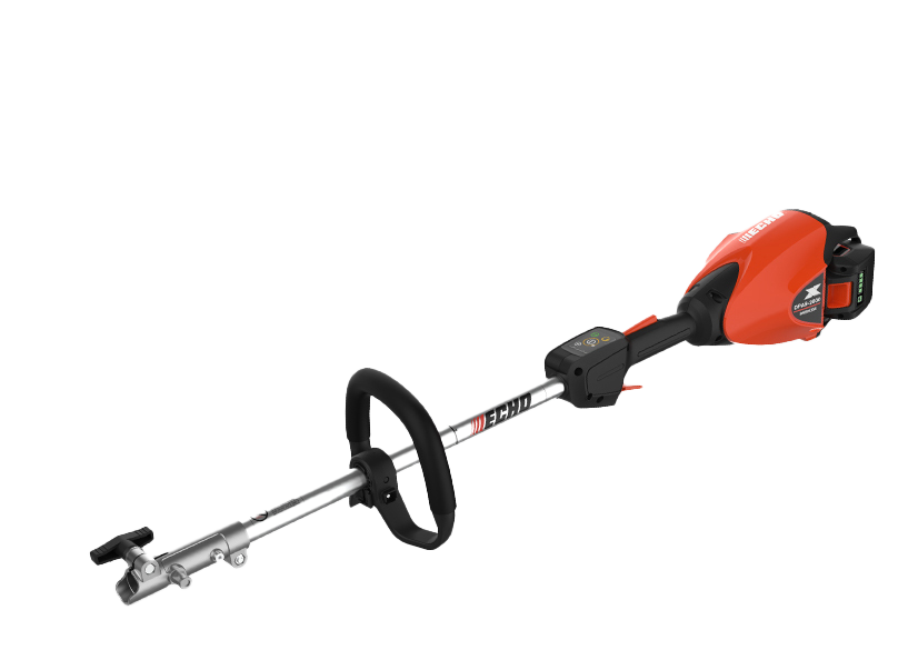 Une débroussailleuse avec un manche sur fond blanc.