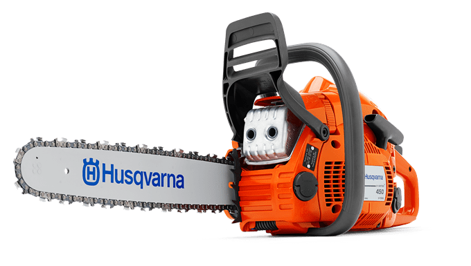 Une tronçonneuse husqvarna est représentée sur un fond blanc.