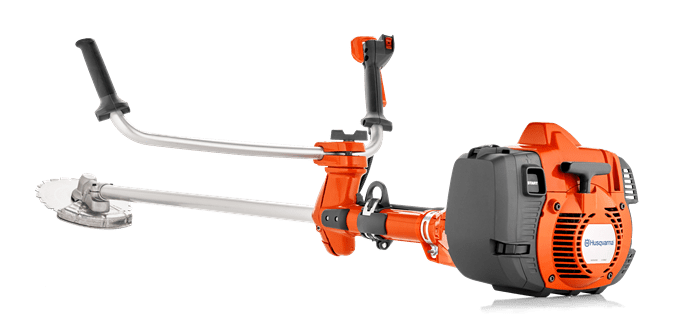 Une débroussailleuse est représentée sur un fond blanc.