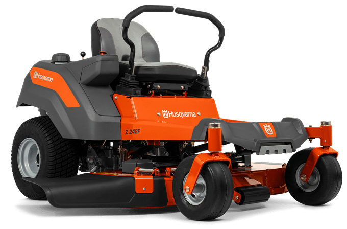 Une tondeuse à gazon à rayon de braquage zéro Husqvarna est présentée sur un fond blanc.