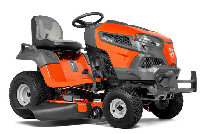 Une tondeuse autoportée Husqvarna est représentée sur un fond blanc.