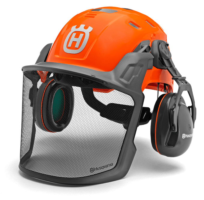 Un casque husqvarna orange avec des écouteurs et une visière en maille