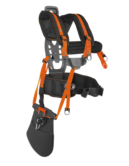 Un harnais noir et orange avec des sangles orange sur fond blanc.