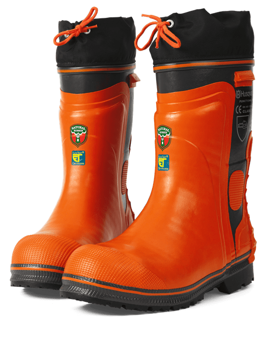 Une paire de bottes en caoutchouc orange avec un revers noir