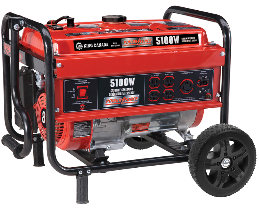 Un générateur rouge avec des roues noires est assis sur un fond blanc.