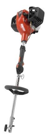 Une débroussailleuse rouge et noire sur fond blanc.