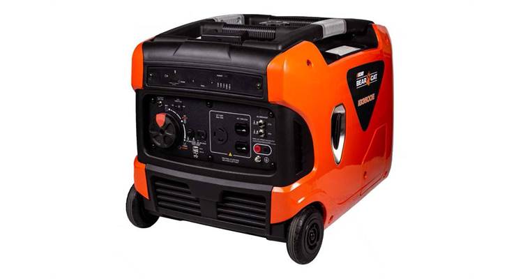 Un générateur orange et noir avec des roues sur fond blanc.