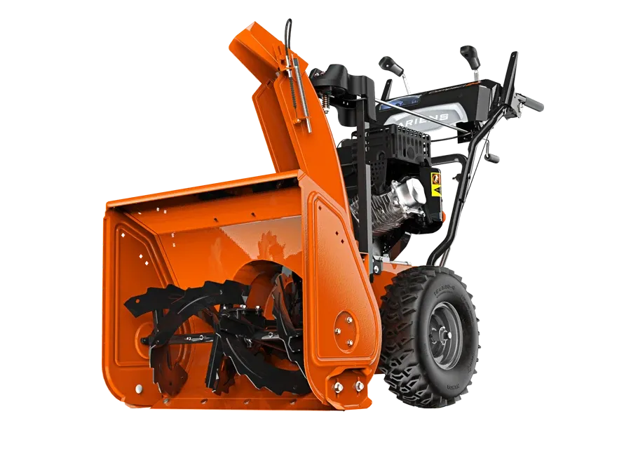 Une souffleuse à neige orange sur fond blanc.