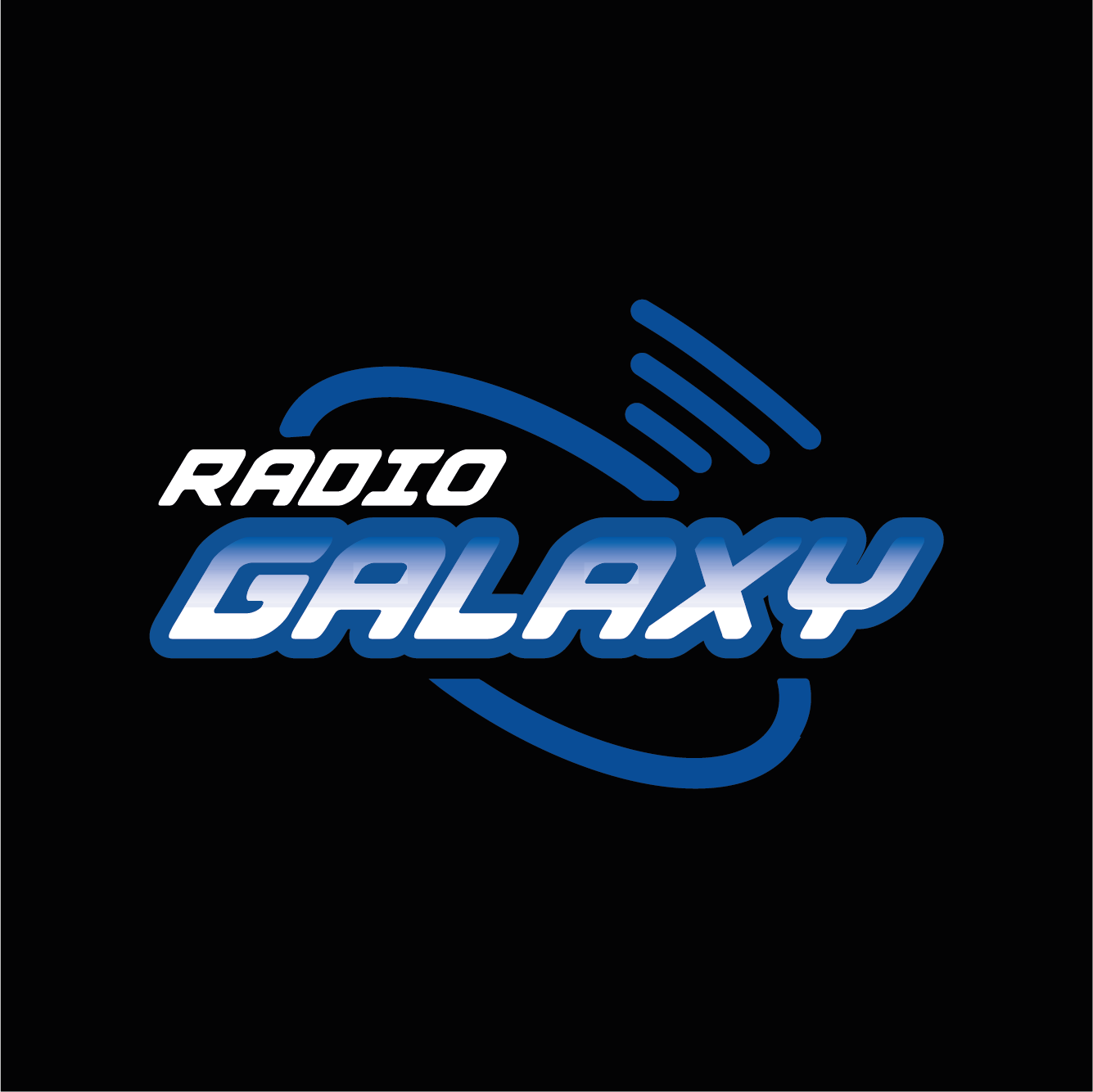 Un logotipo para Radio Galaxy sobre un fondo negro.