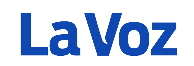 Un logotipo de La Voz azul sobre un fondo blanco.