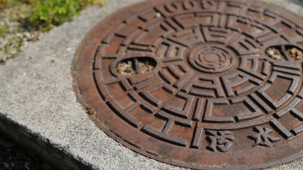 Rust-colored metal manhole cover set in a concrete sidewalk with grass along the edge