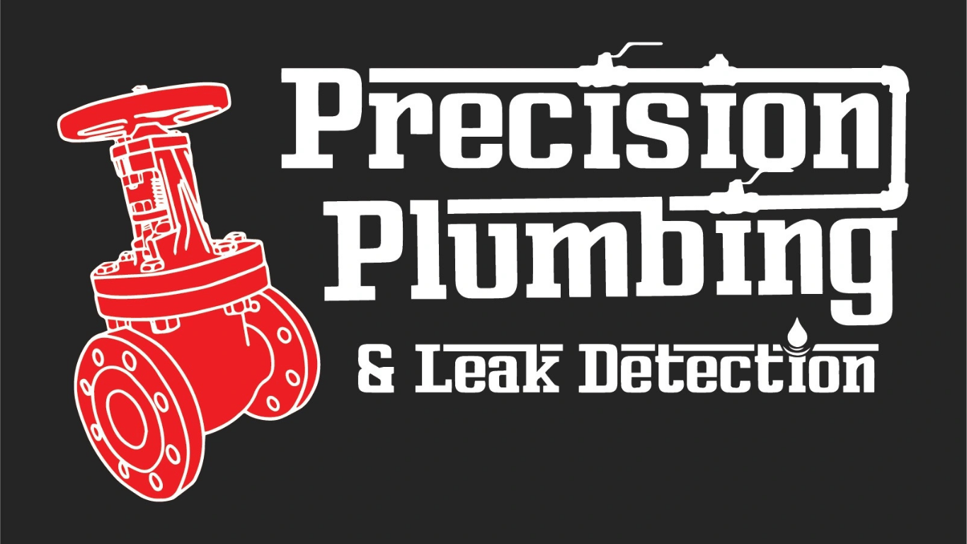 Precision Plumbing & Leak Detection logo with red pipe icon on a dark background