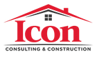 Logo for Icon Consulting & Construction: red word "Icon" under a red house roof, with black text "CONSULTING & CONSTRUCTION" below.